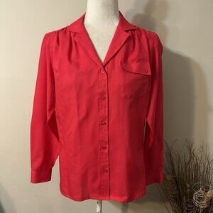 Vtg Jason Maxwell Women Button Up Blouse Top Long Sleeve Red Pocket Pleated 10